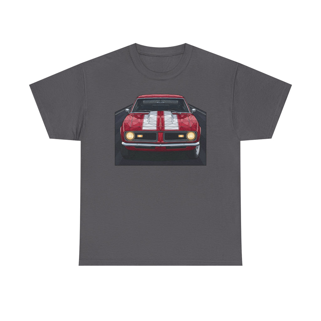 Dark gray vintage muscle car graphic T-shirt with front view red car illustration
