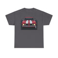 Dark gray vintage muscle car graphic T-shirt with front view red car illustration