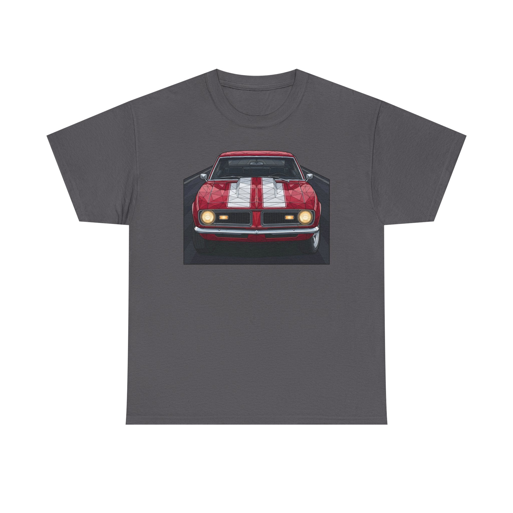 Dark gray vintage muscle car graphic T-shirt with front view red car illustration