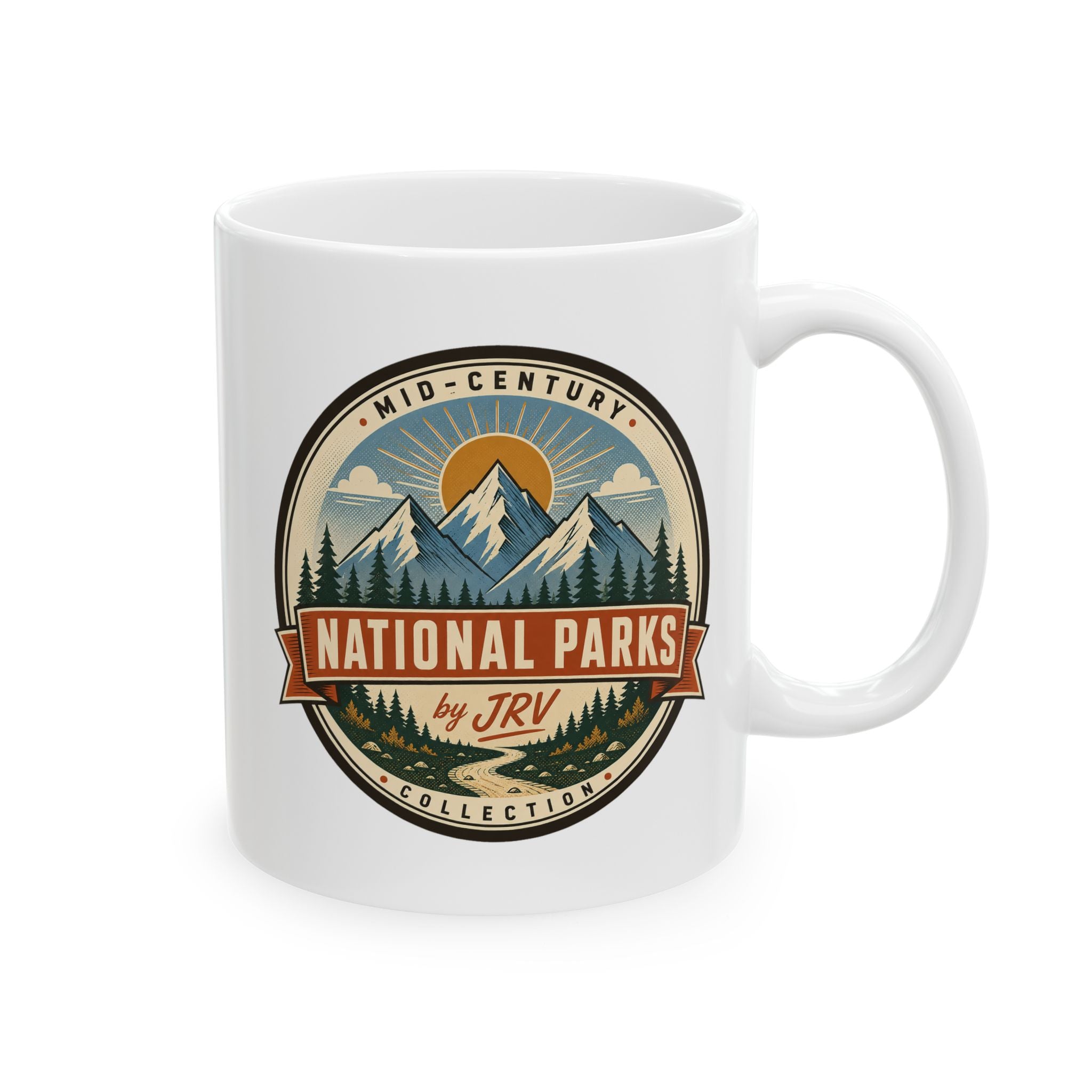 White ceramic mug with Mid-Century National Parks by JRV circular logo and handle