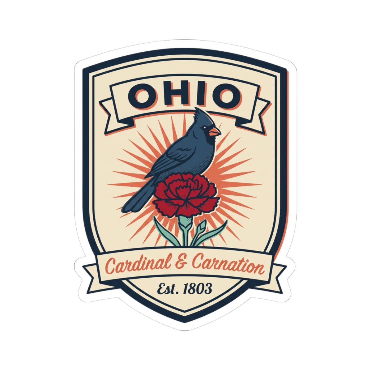 Ohio vintage state badge sticker with cardinal and red carnation, Est. 1803