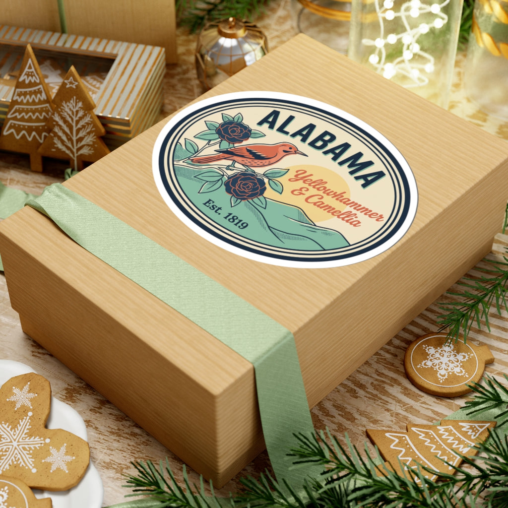 Alabama vintage state badge sticker, oval design with flower illustration and border.