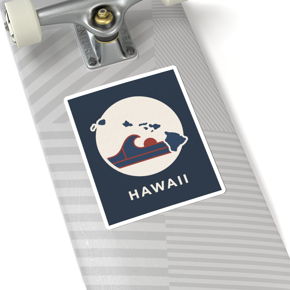 Navy square kiss-cut sticker with white circle surf wave map graphic and “HAWAII”