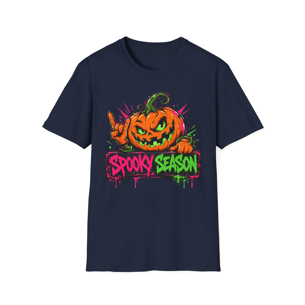 Navy pumpkin jack-o-lantern graphic T-shirt with Spooky Season banner