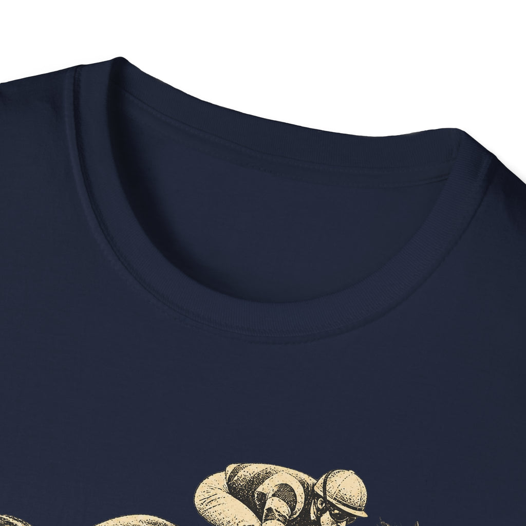 Navy crew-neck T-shirt neckline with partial gold horse racing graphic