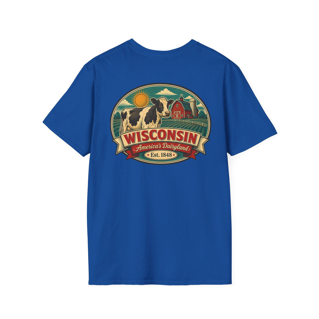Royal blue Wisconsin graphic t-shirt with crest logo and cow illustration.