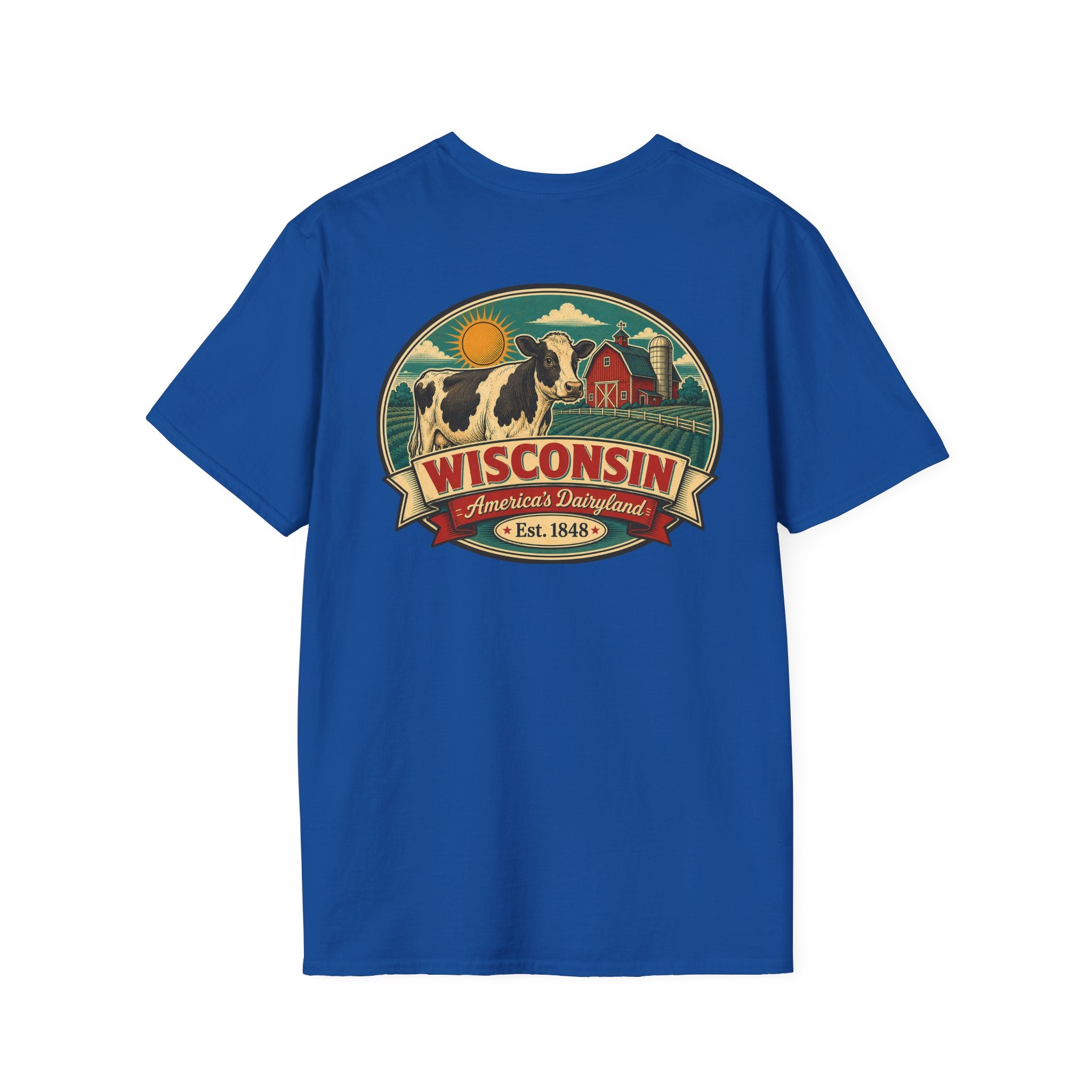 Royal blue Wisconsin graphic t-shirt with crest logo and cow illustration.