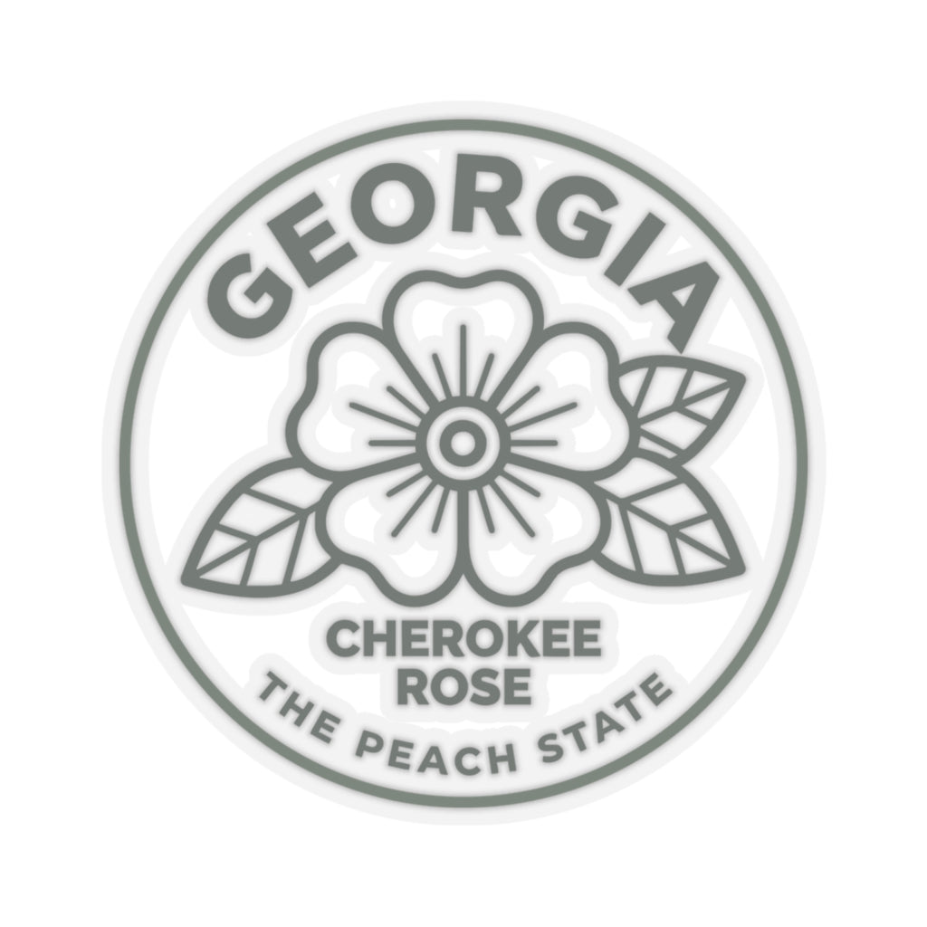 Transparent vinyl circular decal featuring Georgia name, Cherokee Rose, and The Peach State