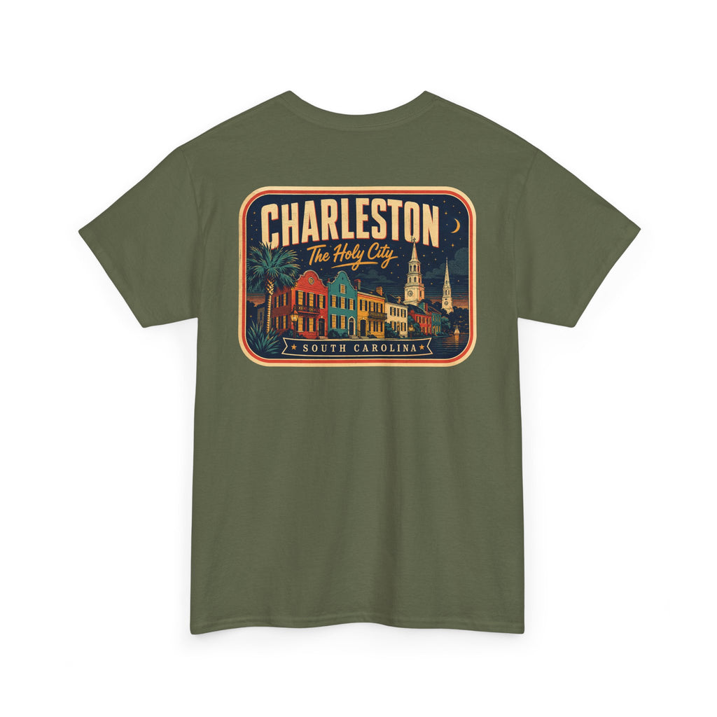 Military green T-shirt with round Charleston city badge graphic on chest
