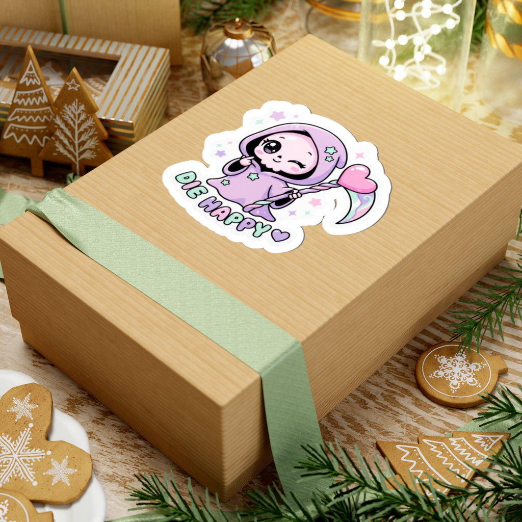 Cute grim reaper kiss-cut sticker: smiling purple character holding pink heart and text