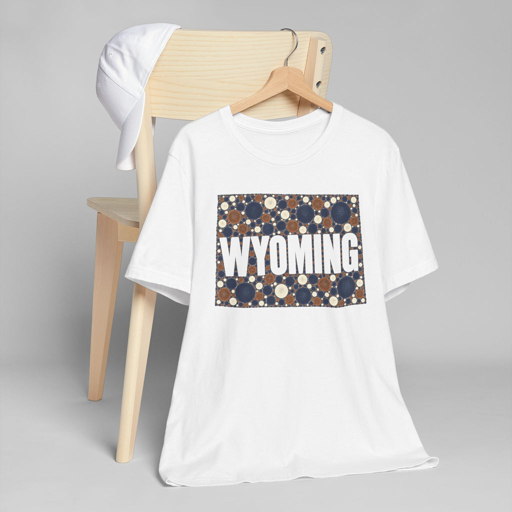 White crewneck t-shirt with dotted Wyoming map graphic in navy and brown