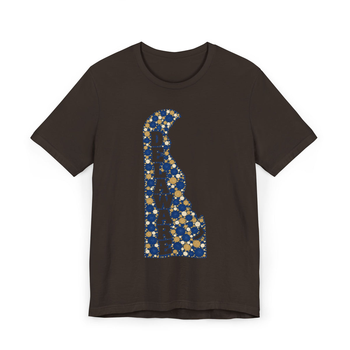 Black T-shirt with blue-and-gold Delaware map alphabet graphic on the front