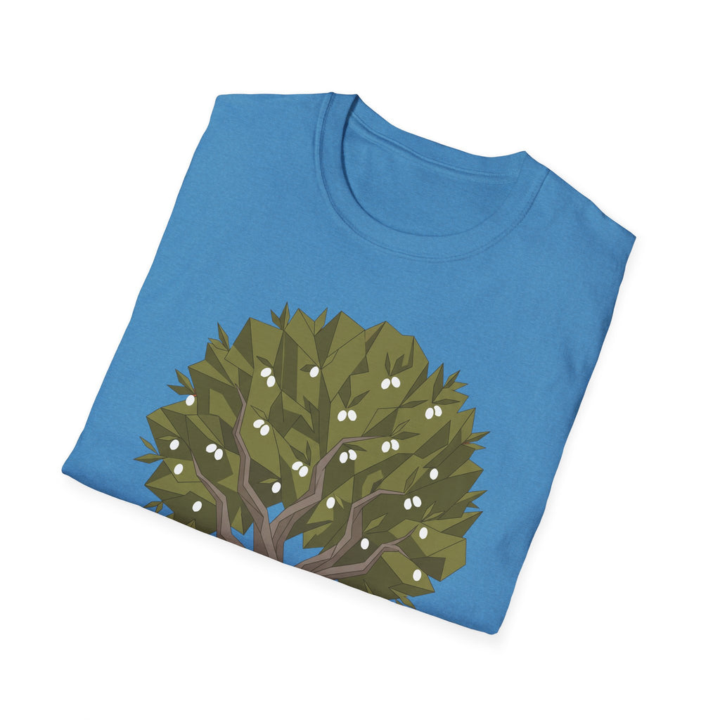 Twisted olive tree T-shirt, blue with geometric olive tree graphic on front