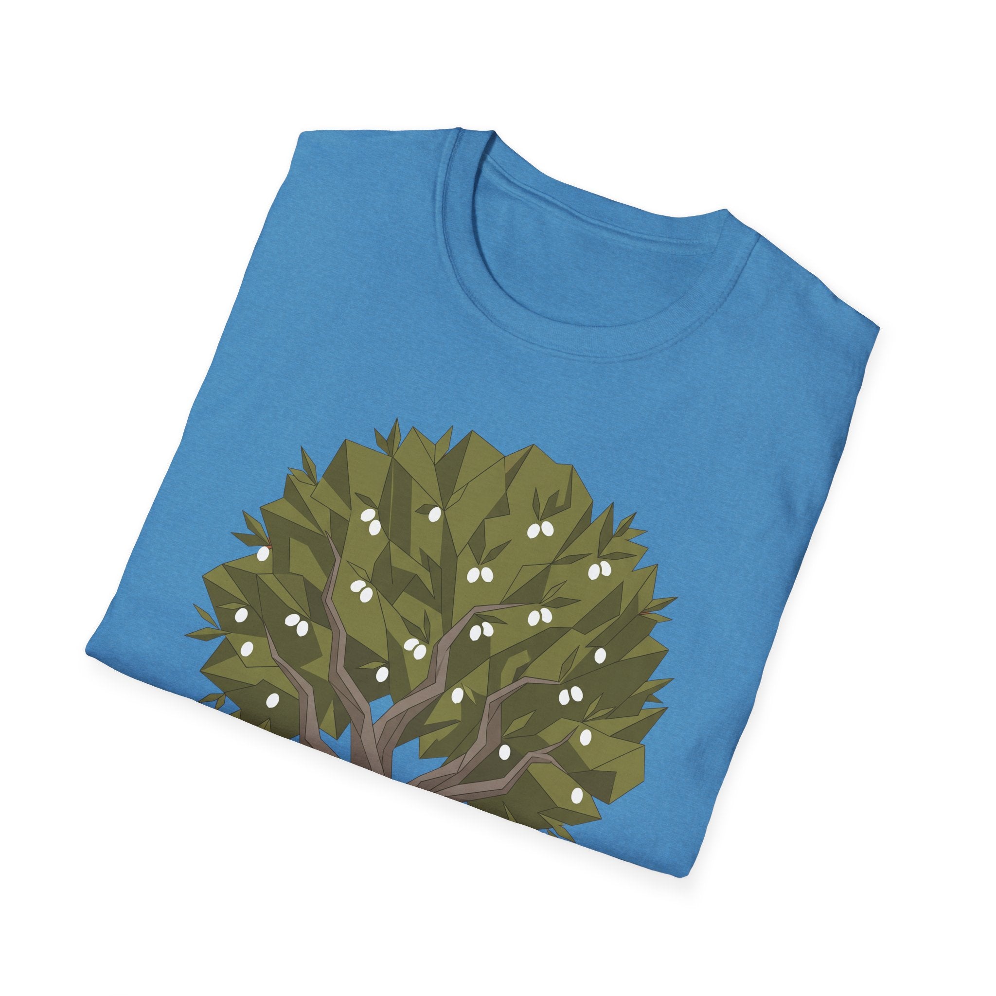 Twisted olive tree T-shirt, blue with geometric olive tree graphic on front