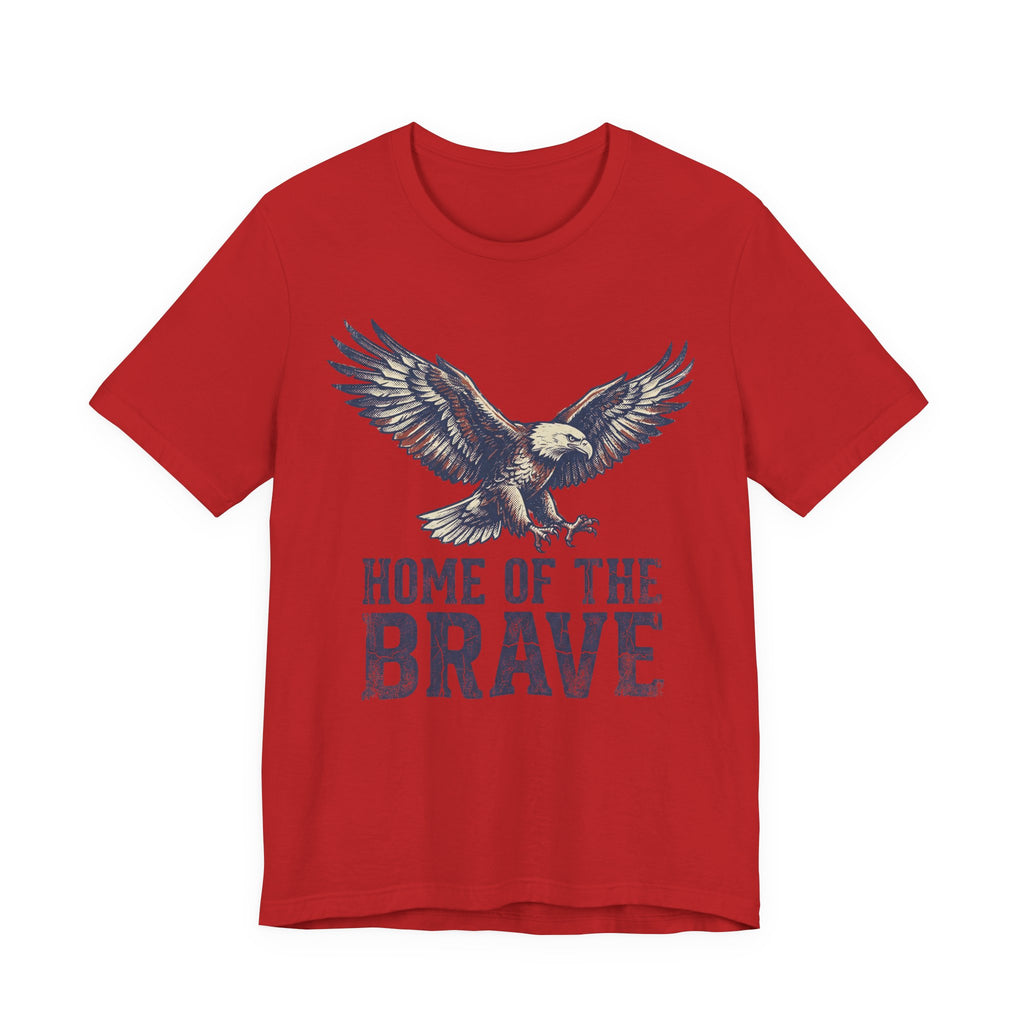 Red T-shirt with flying bald eagle graphic and 'HOME OF THE BRAVE' print
