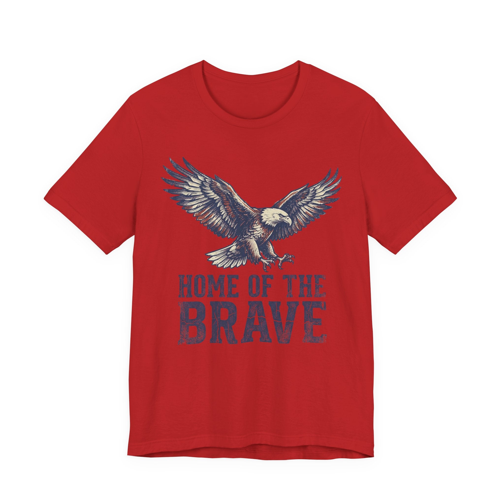 Red T-shirt with flying bald eagle graphic and 'HOME OF THE BRAVE' print