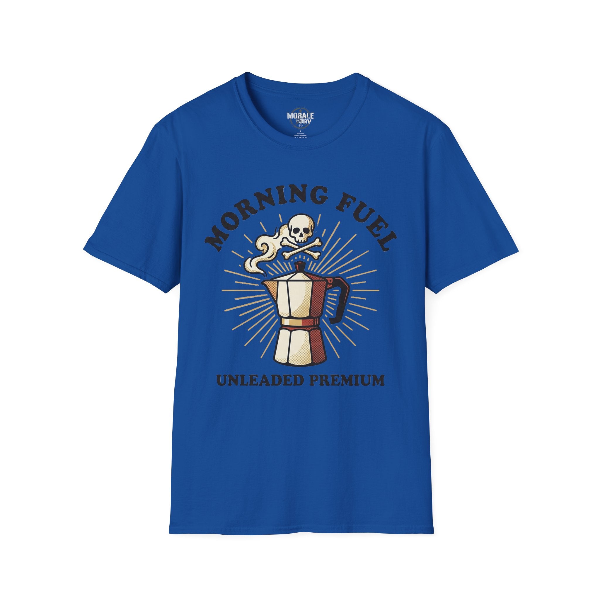 Morning Fuel T-shirt—royal blue with skull moka pot graphic and “UNLEADED PREMIUM”