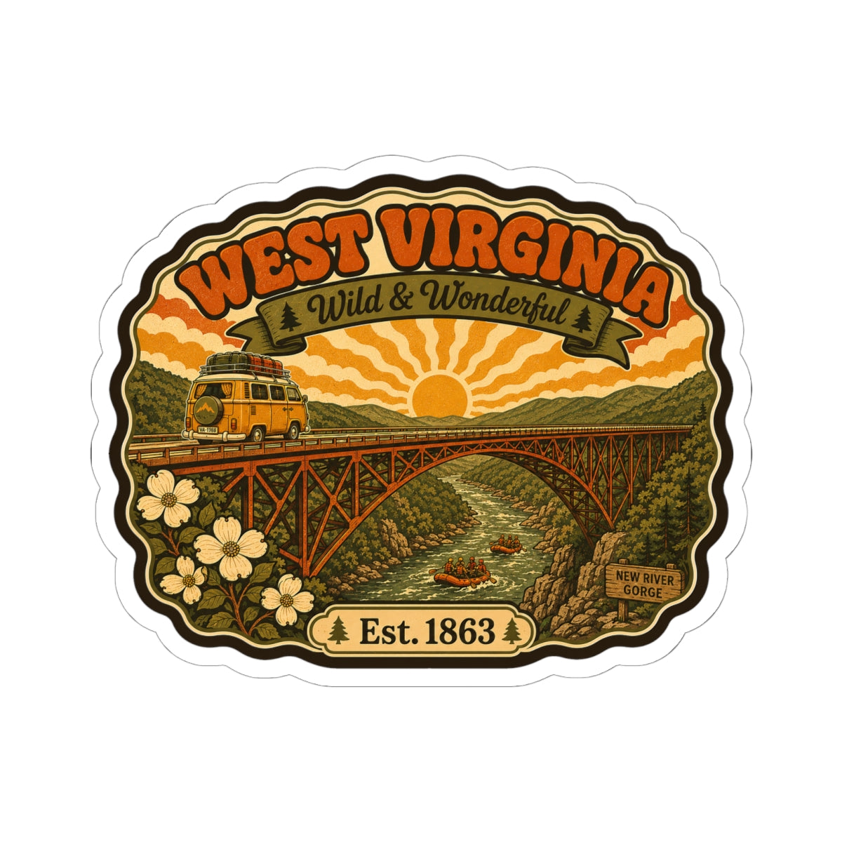 Kiss-cut West Virginia sticker with curved border, orange title text, bridge over river, Est. 1863.
