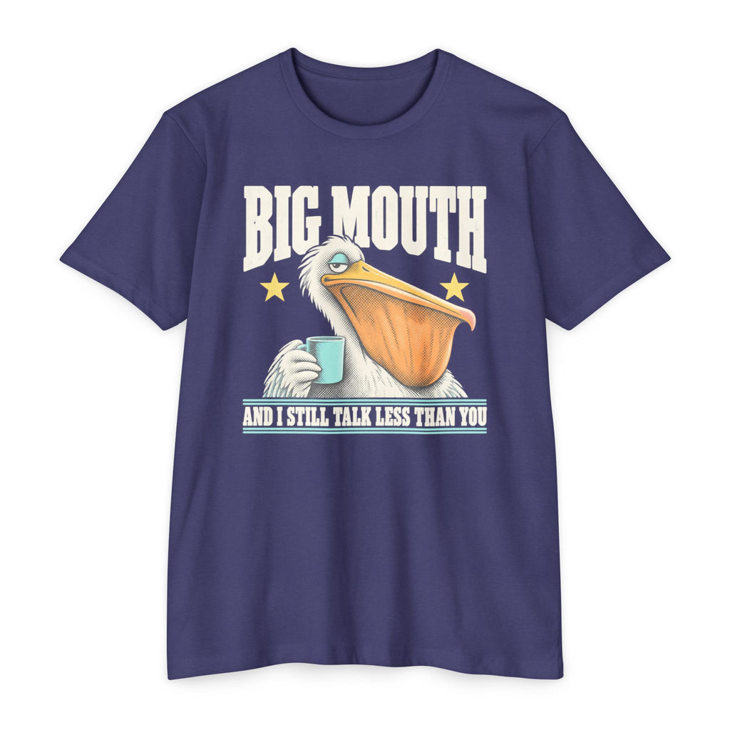 Navy T-shirt with pelican-and-coffee cup graphic and 'BIG MOUTH' text