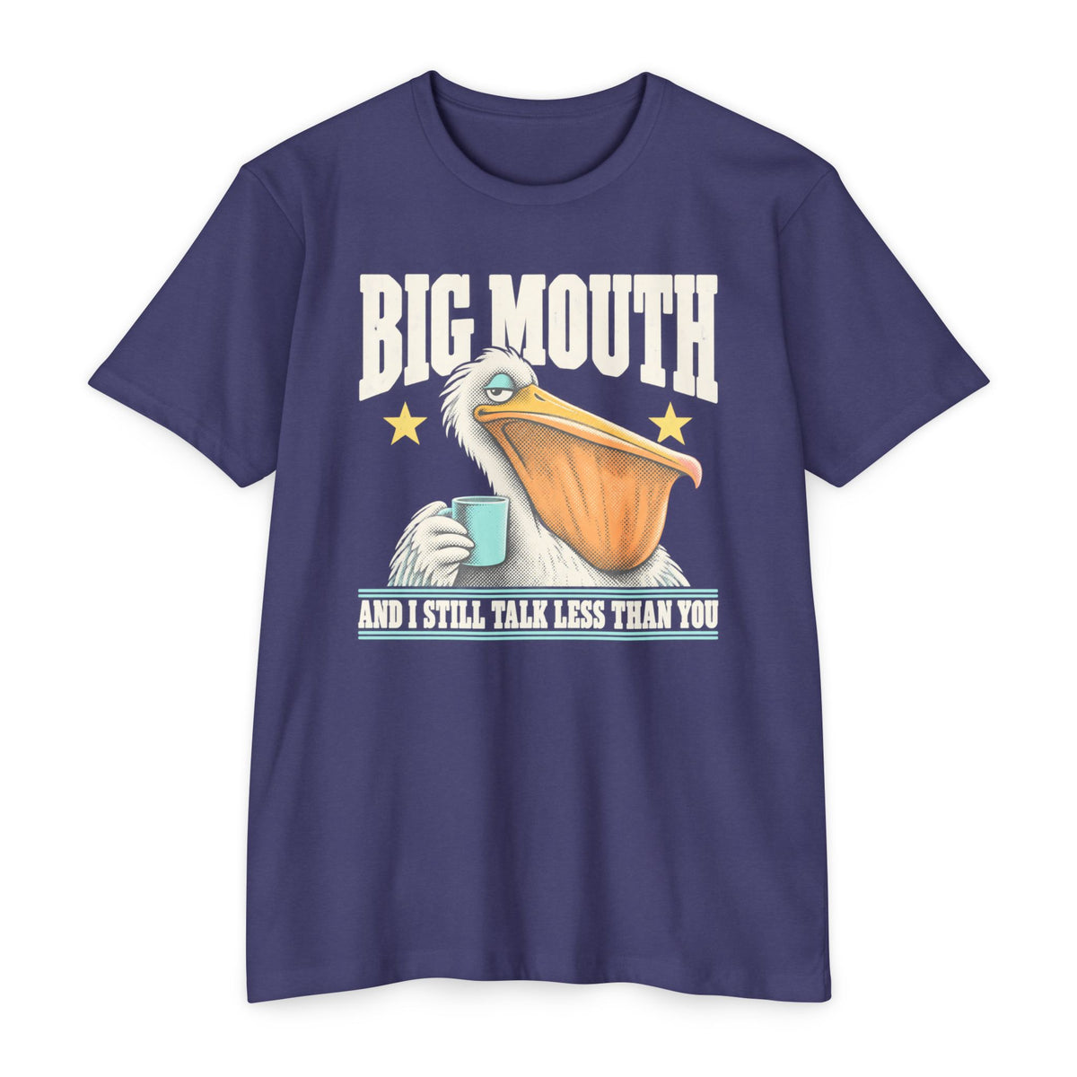 Navy T-shirt with pelican-and-coffee cup graphic and 'BIG MOUTH' text