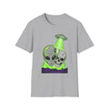 Alien & Skull T-Shirt, UFO tractor beam skull graphic on light gray tee