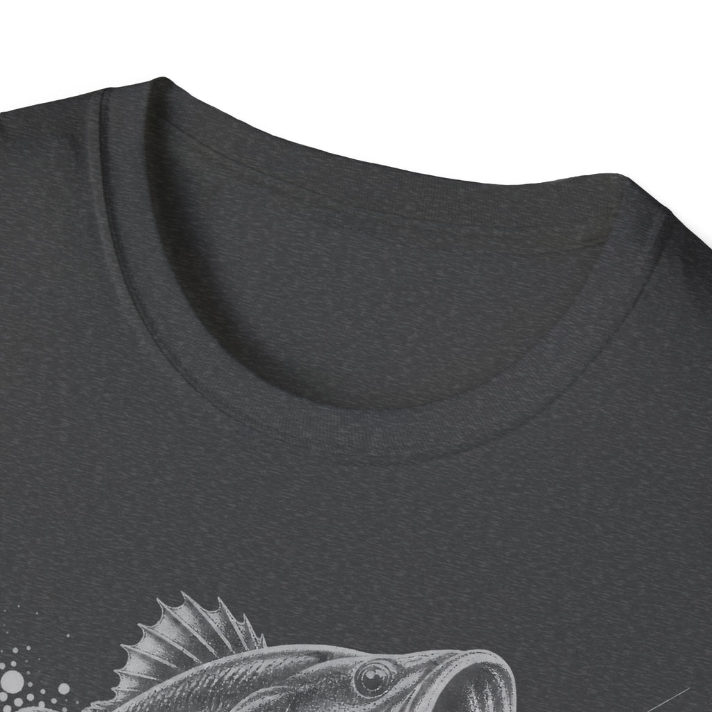 Dark heather t-shirt with close-up largemouth bass splash graphic