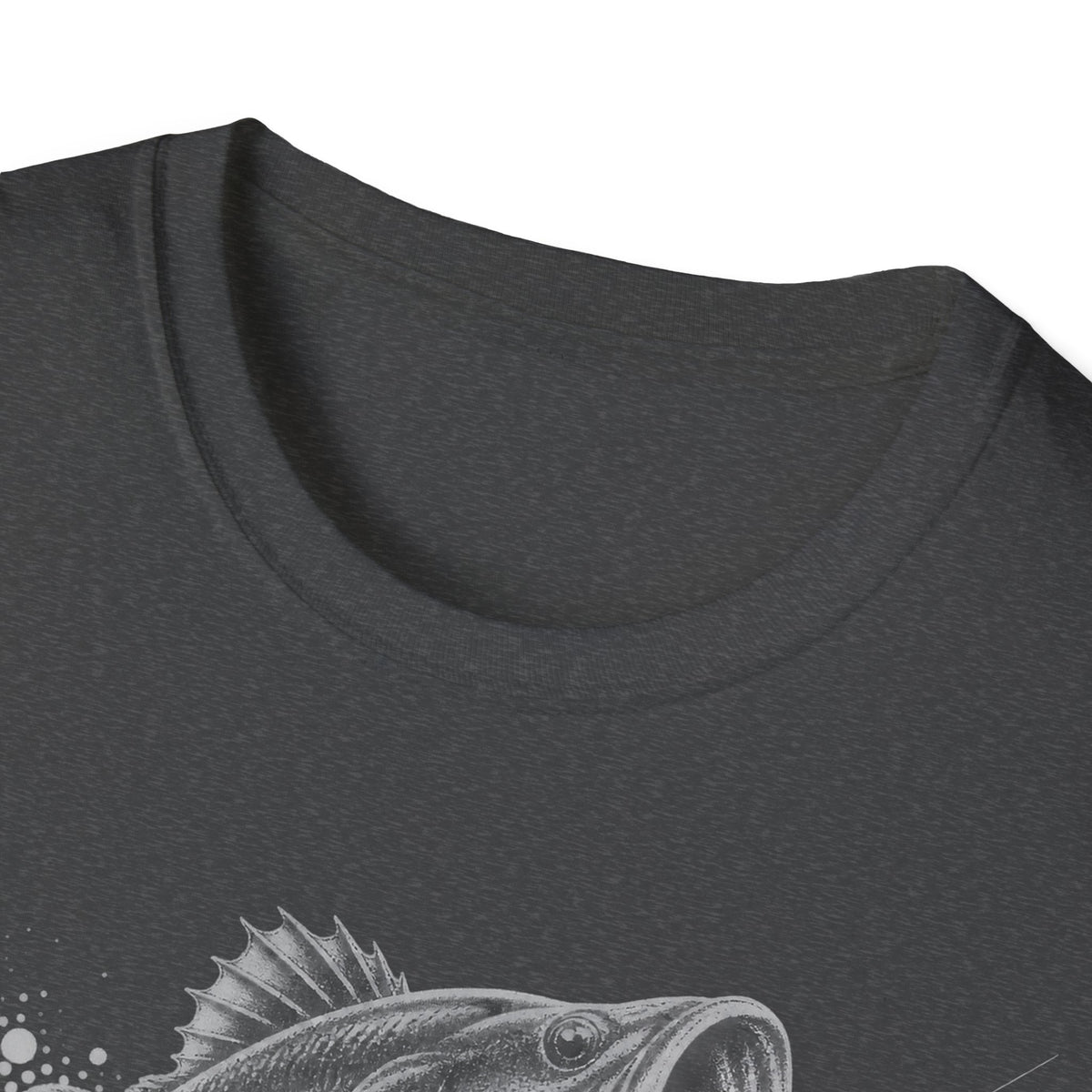 Dark heather t-shirt with close-up largemouth bass splash graphic