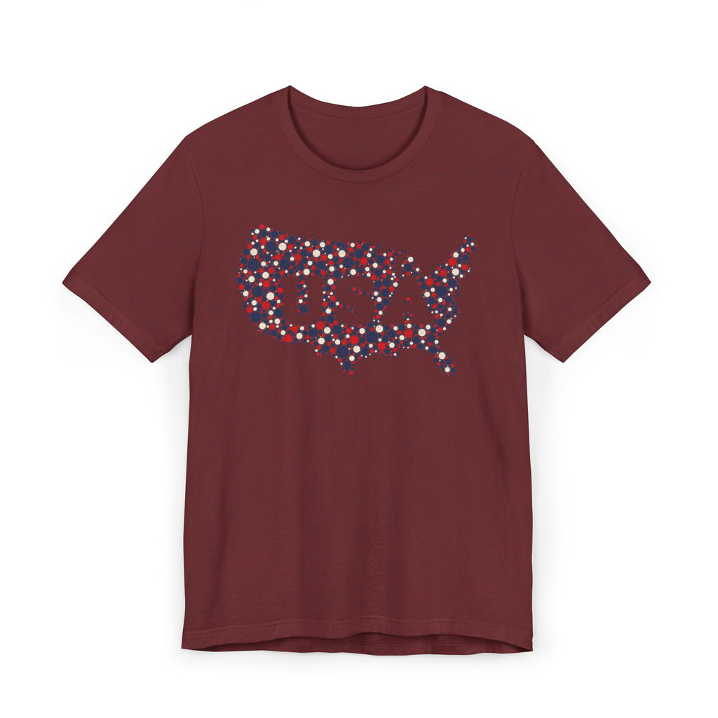 Brown T-shirt with colorful USA outline graphic