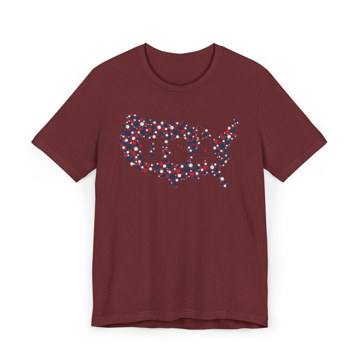 Brown T-shirt with colorful USA outline graphic