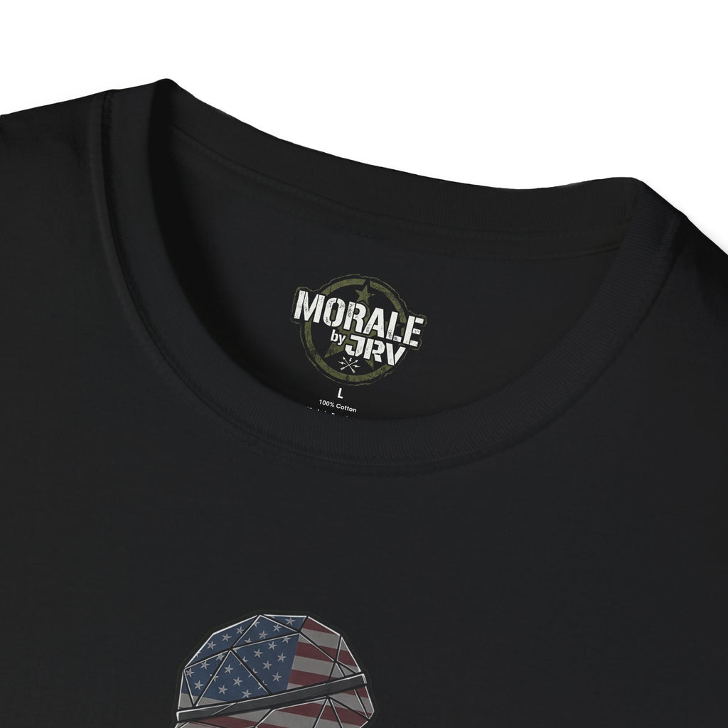 Black t-shirt neckline with small chest logo detail