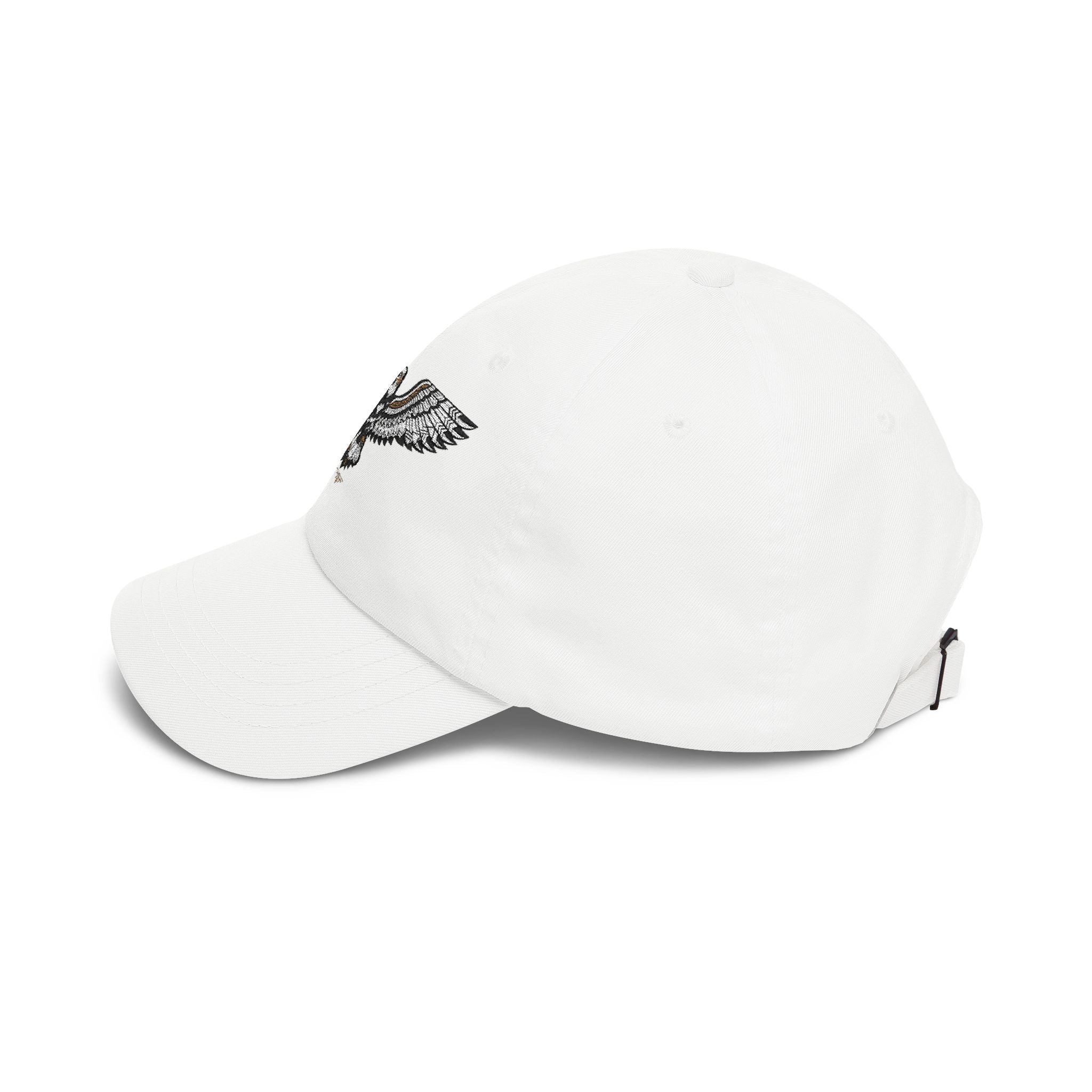 White baseball cap with embroidered eagle patch on the side and curved brim