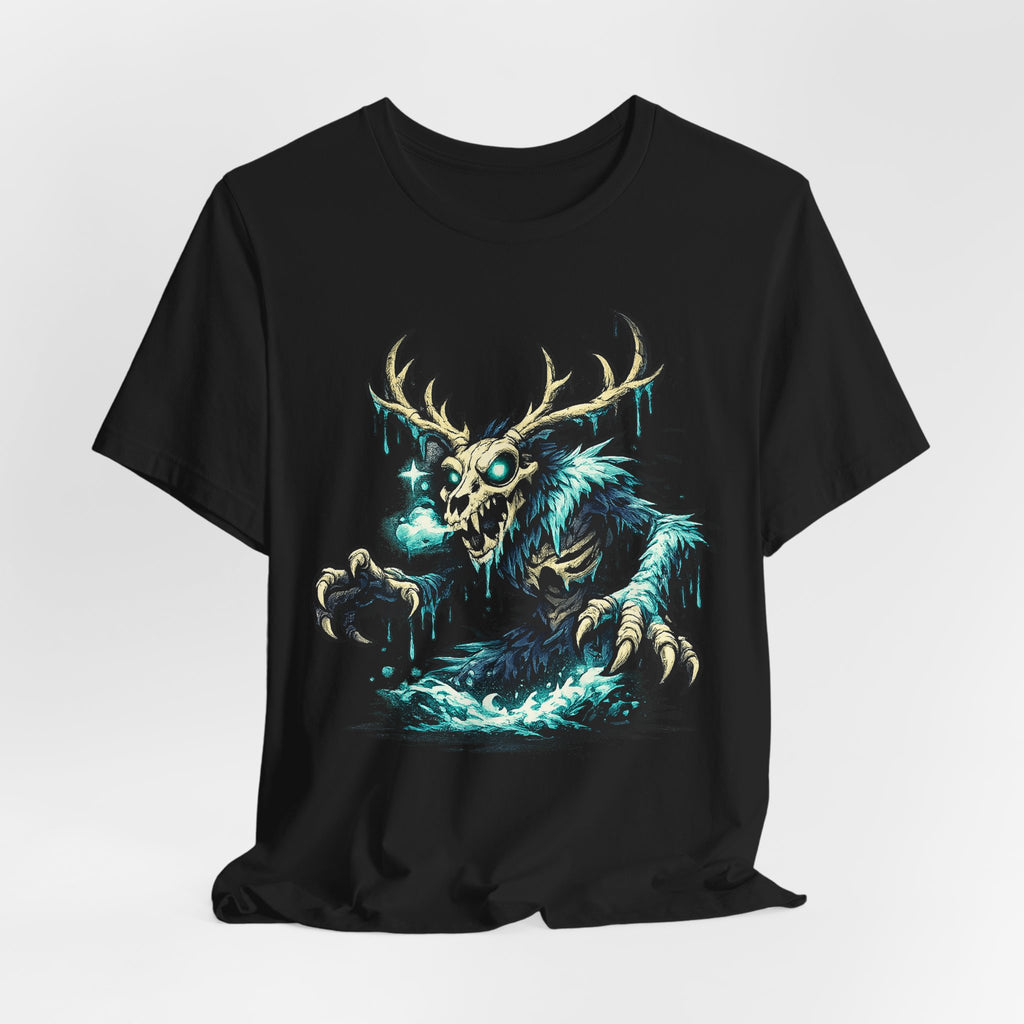 Black crew-neck monster T-shirt with teal deer skull creature graphic on front.