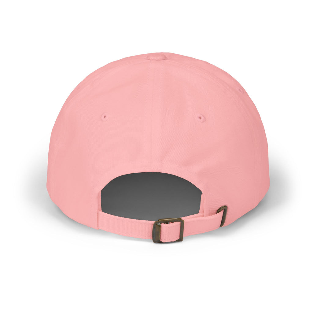 Pink dad cap back view with adjustable strap and open crown