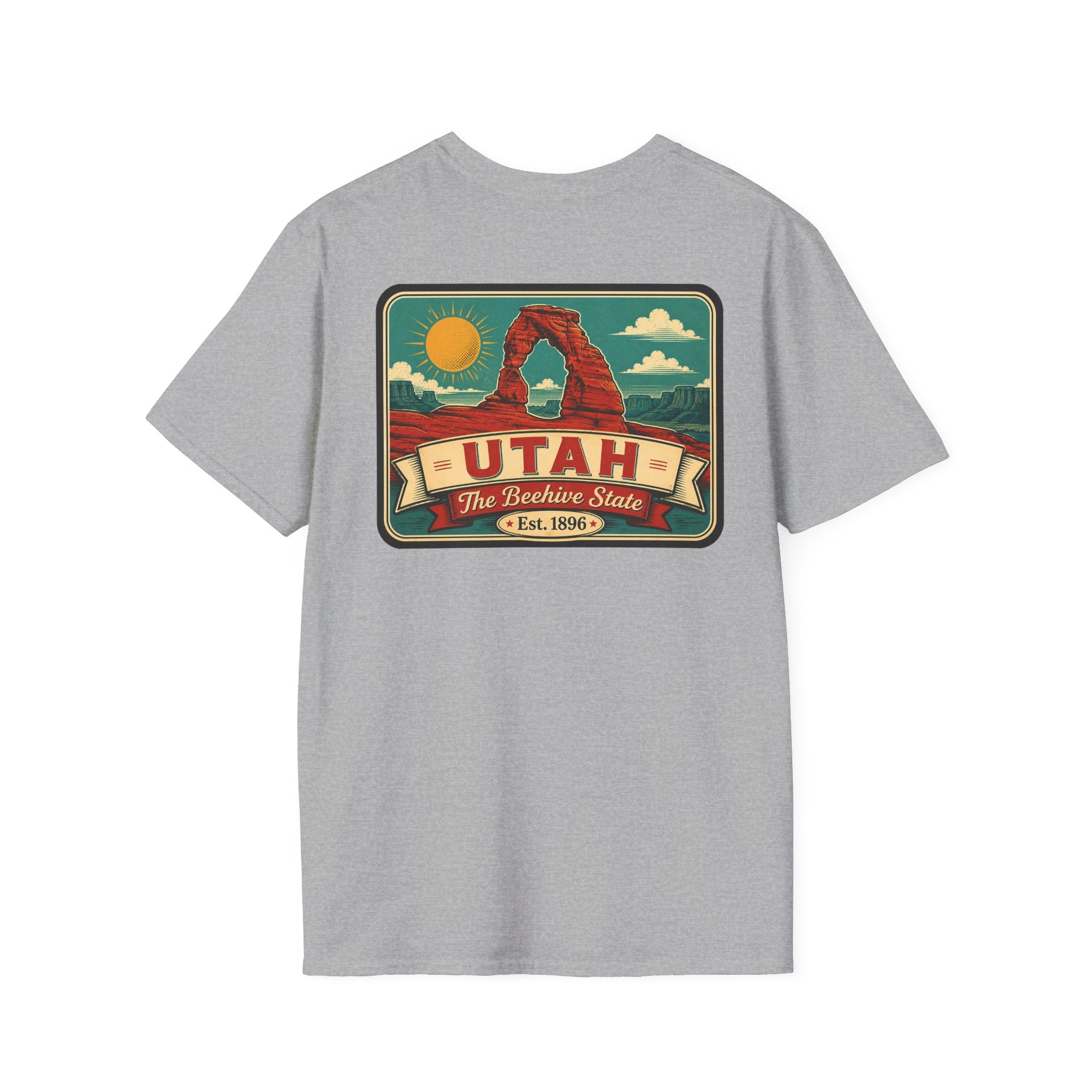 Grey crewneck T-shirt with Utah travel badge graphic on the front