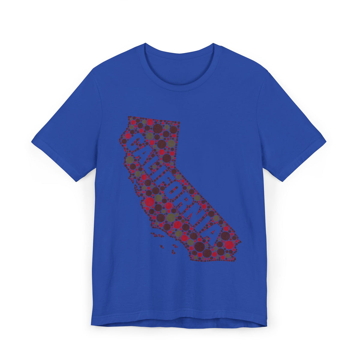 Royal blue short-sleeve T-shirt with red floral dot California outline graphic