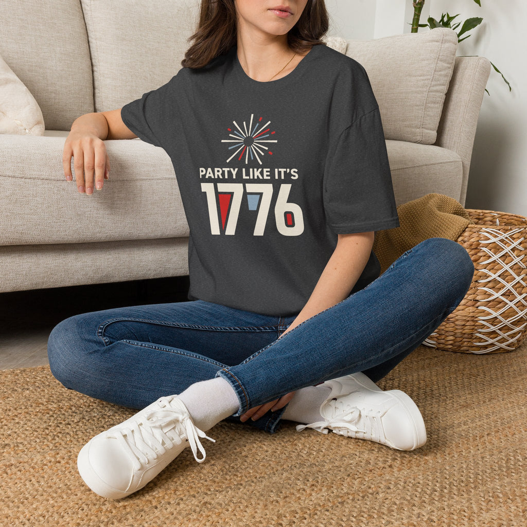 Dark gray crewneck T-shirt with colorful firework and “1776” graphic