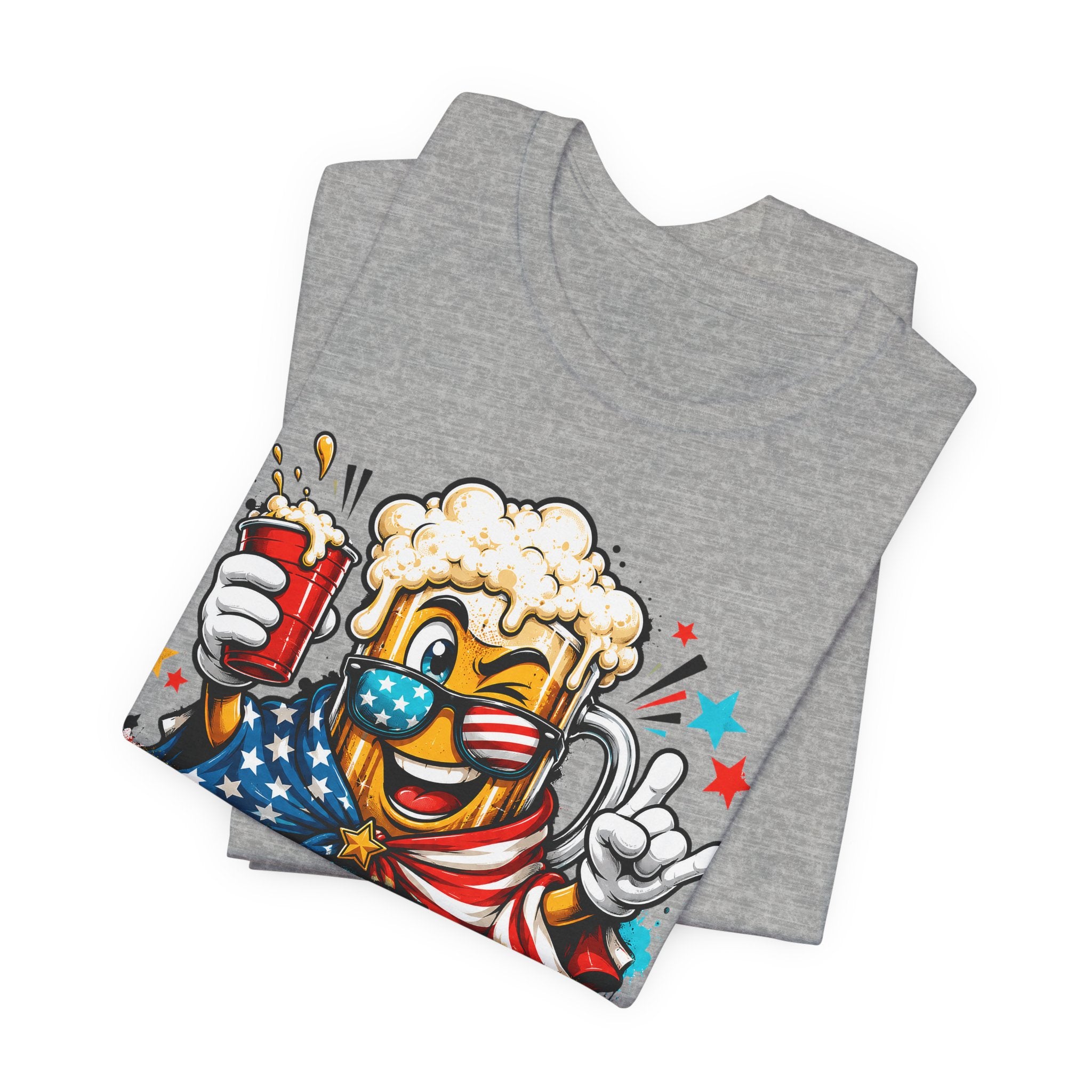 Heather gray crewneck T-shirt with beer mascot graphic holding a red drink can.
