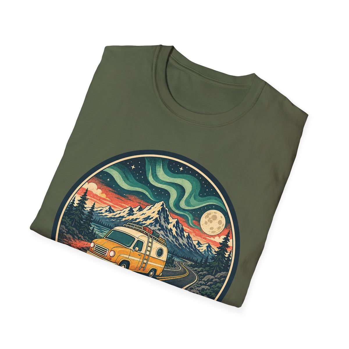 Olive green unisex T-shirt with circular camper, mountains, moon and aurora graphic