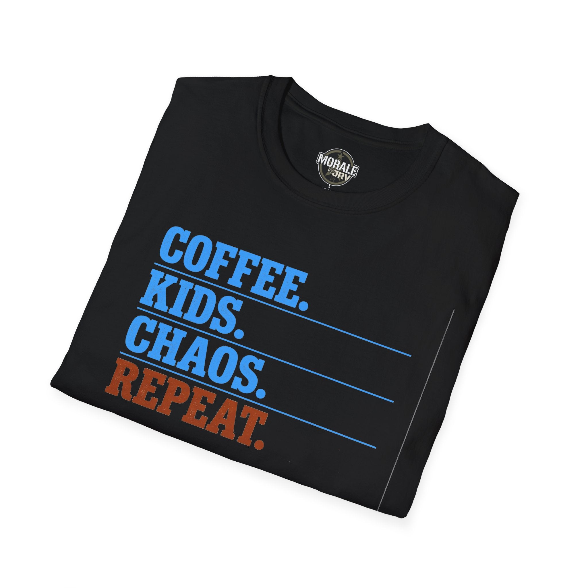 Kids chaos repeat T-shirt with “COFFEE. KIDS. CHAOS. REPEAT.” print, black