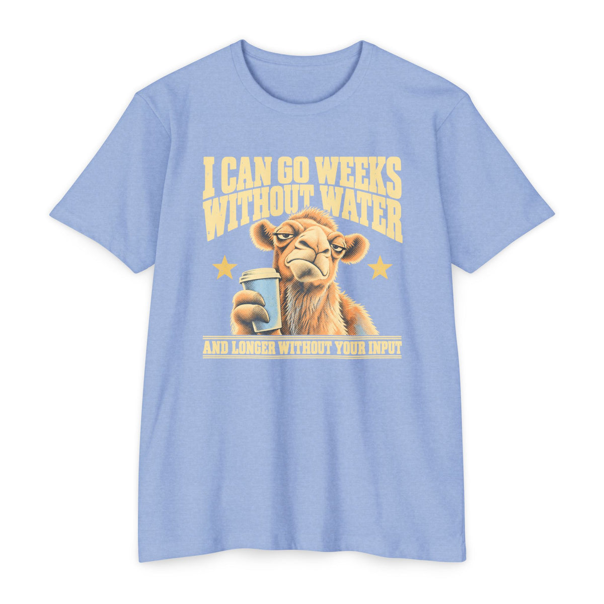 Light blue t-shirt with camel holding coffee mug and 'weeks without water' slogan.