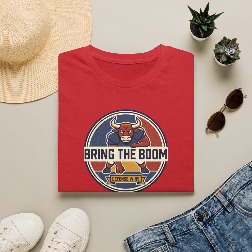Red T-shirt with circular bull mascot graphic and “BRING THE BOOM” print on chest