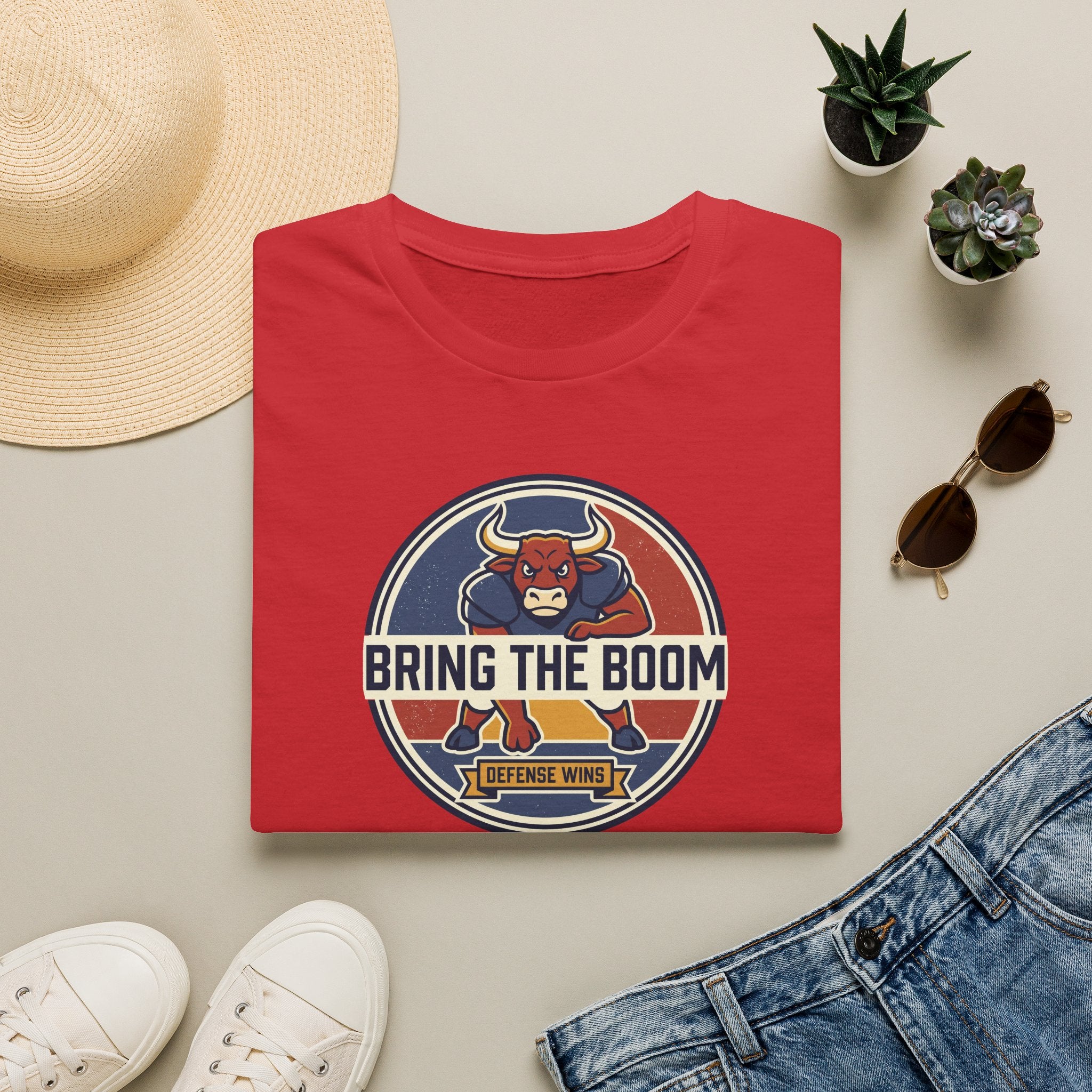 Red T-shirt with circular bull mascot graphic and “BRING THE BOOM” print on chest