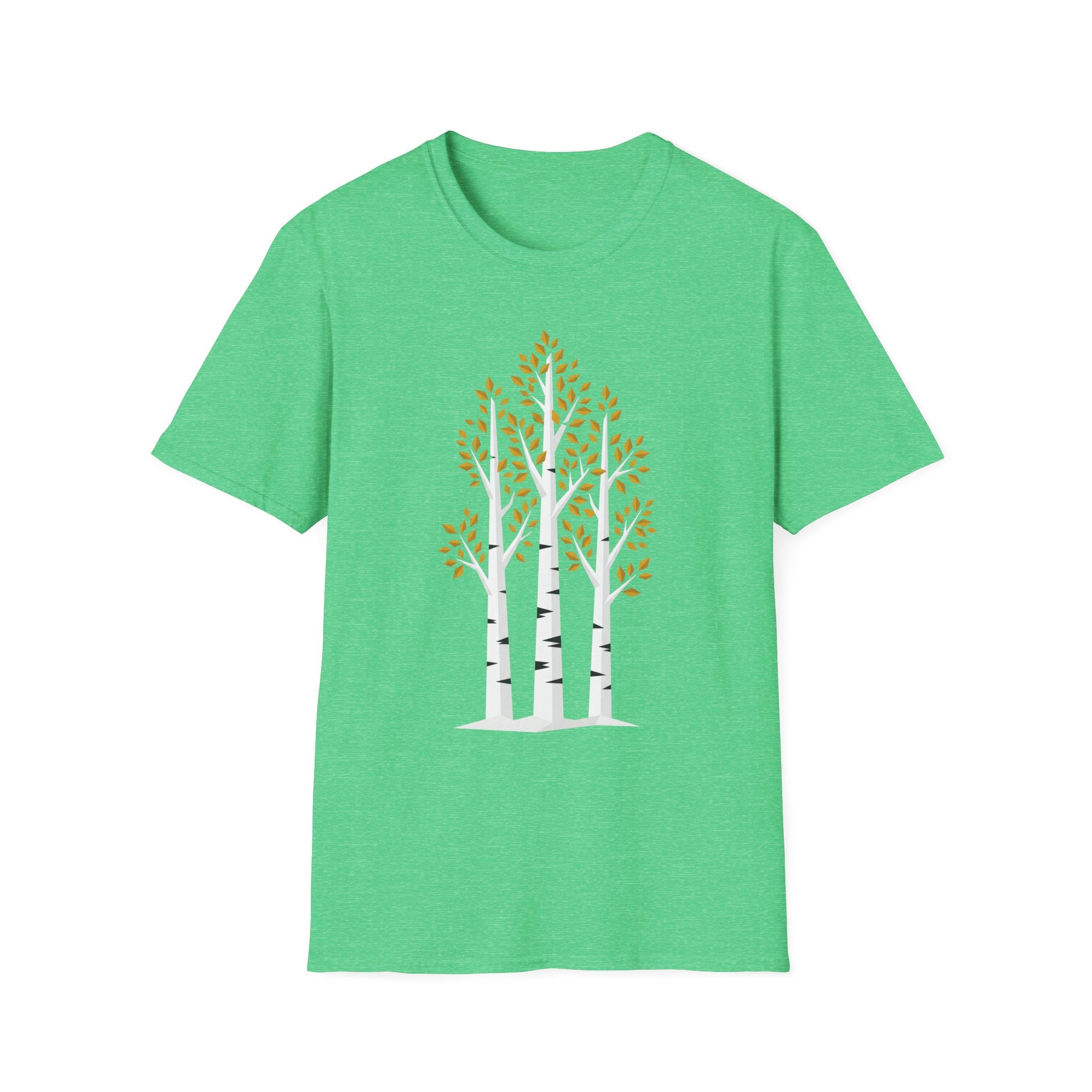 Green T-shirt with minimalist birch trees and autumn leaves graphic, crew neck