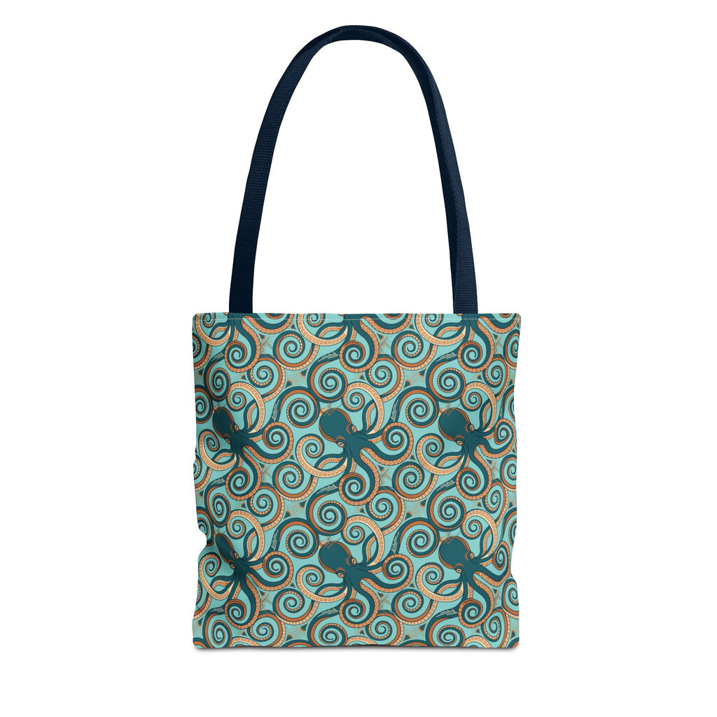Octopus swirl tote bag with teal all-over print, navy handles