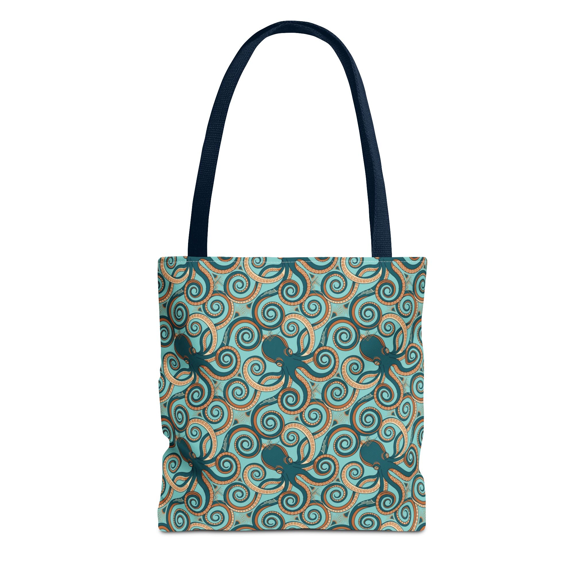 Octopus swirl tote bag with teal all-over print, navy handles