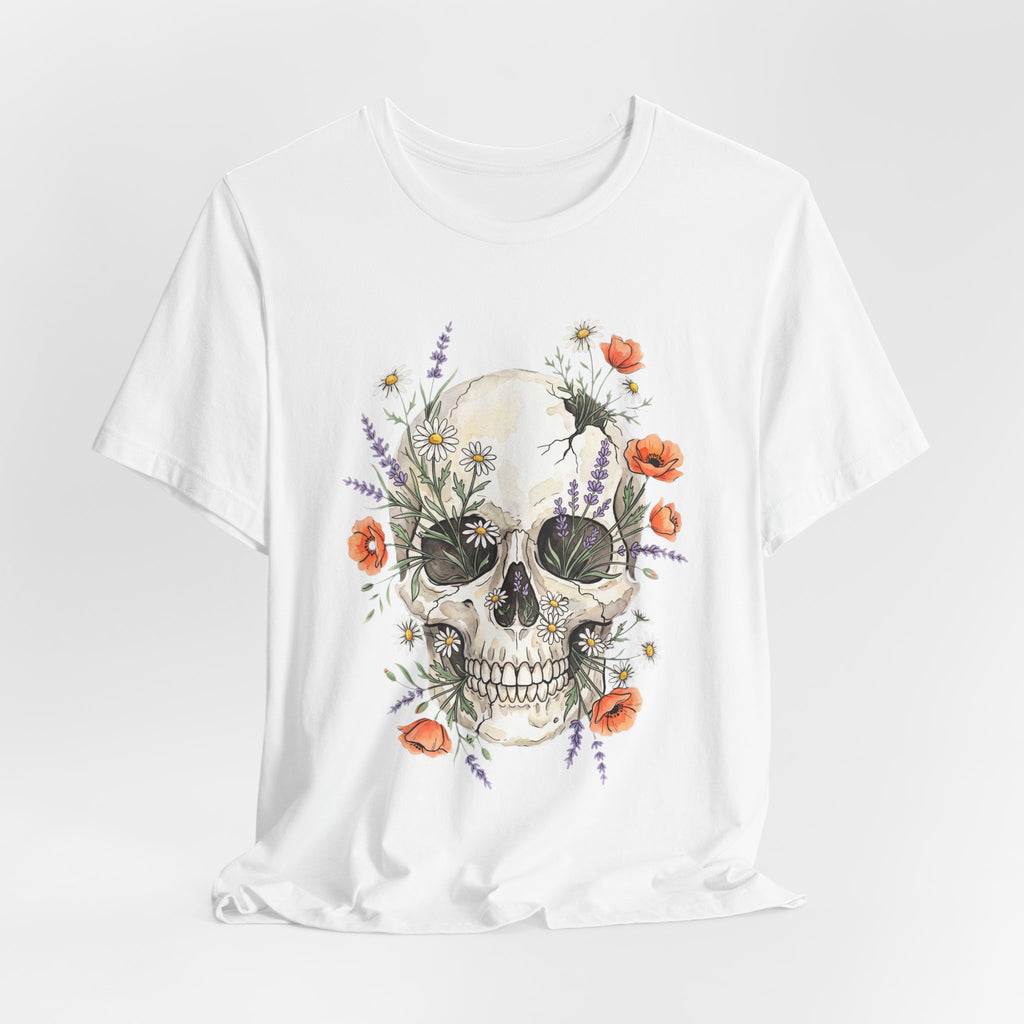 White floral skull T-shirt with poppies and wildflowers graphic on the chest