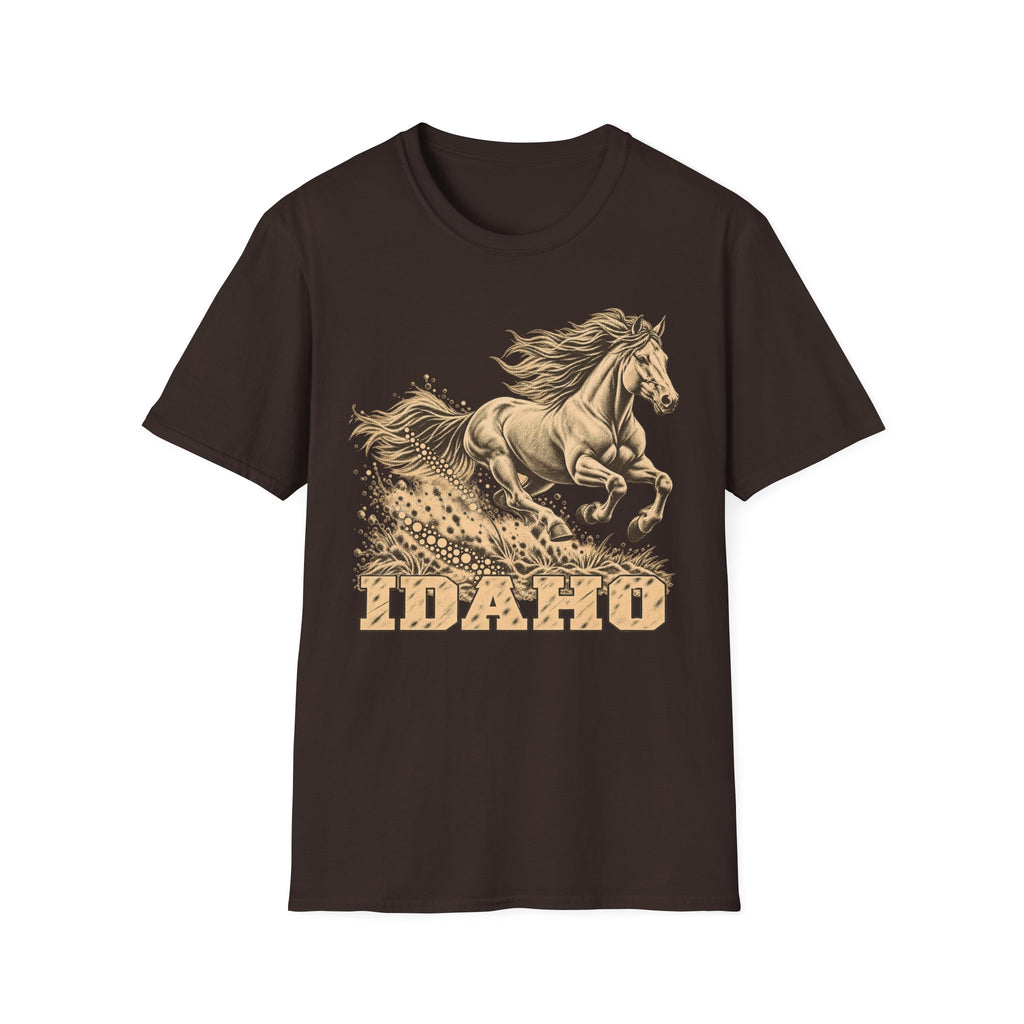 Dark brown T-shirt with golden running horse graphic and Idaho text