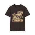 Dark brown T-shirt with golden running horse graphic and Idaho text