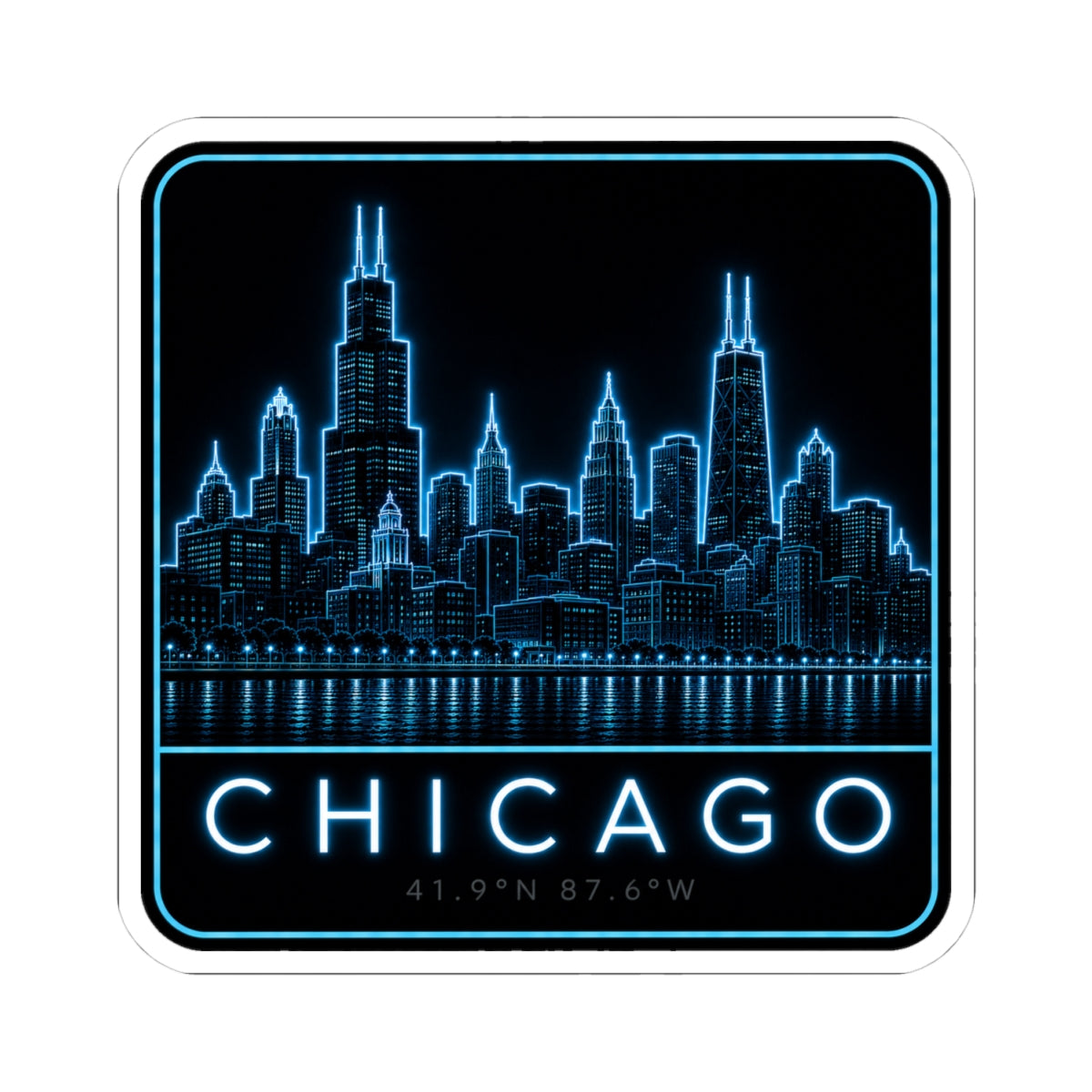 Neon Chicago skyline vinyl sticker, 'CHICAGO' lettering with blue coordinate text