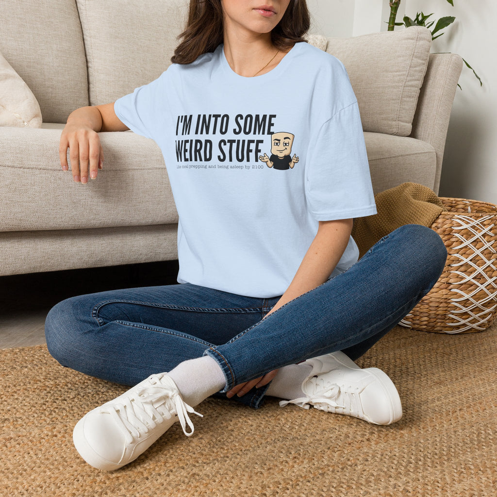 Funny slogan graphic T-shirt, light blue with “I’M INTO SOME WEIRD STUFF” front print